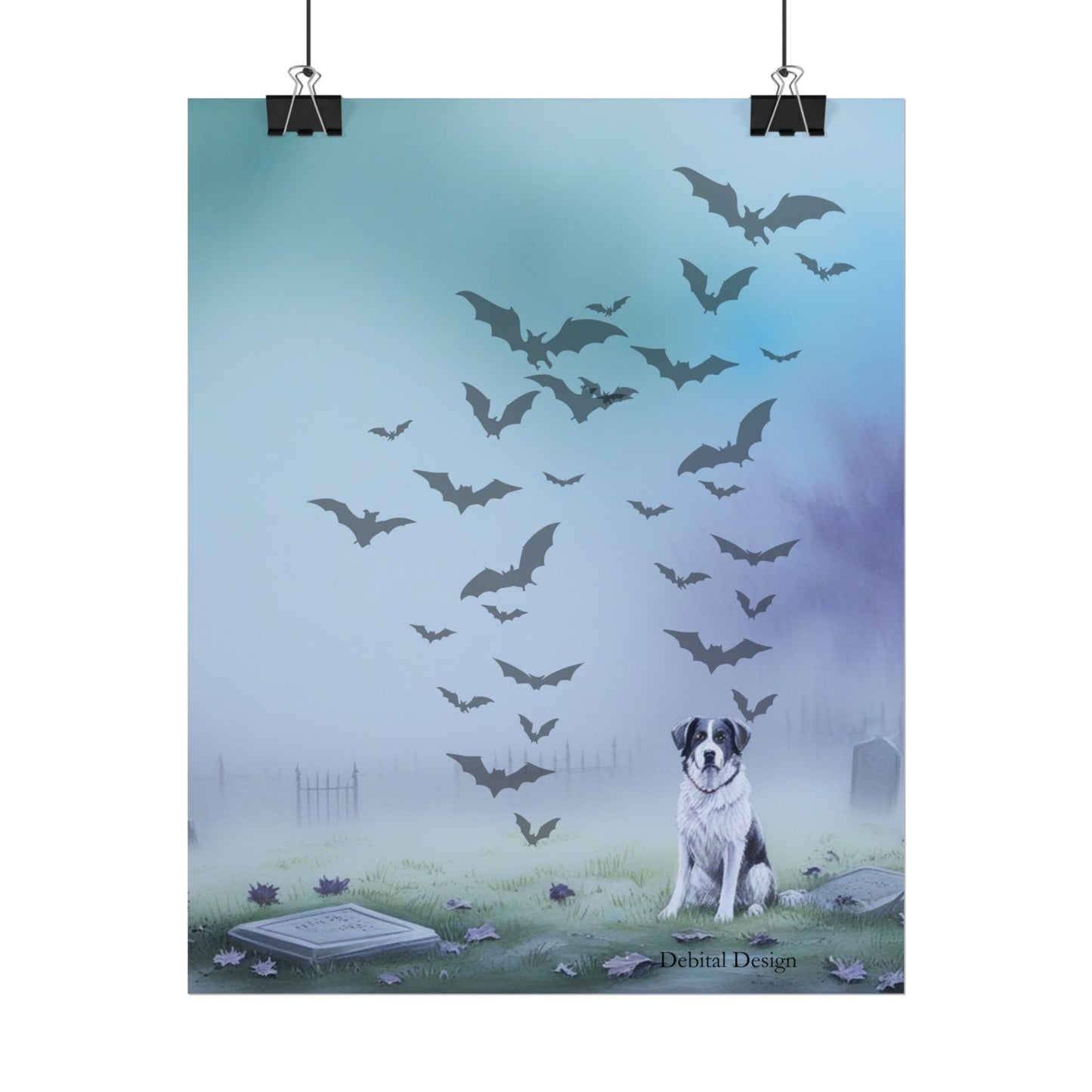 Whimsical Dog & Bats Art Print, Home Decor, Halloween Wall Art, Nature Poster, Pet Lover Gift, Animal Lover Decoration