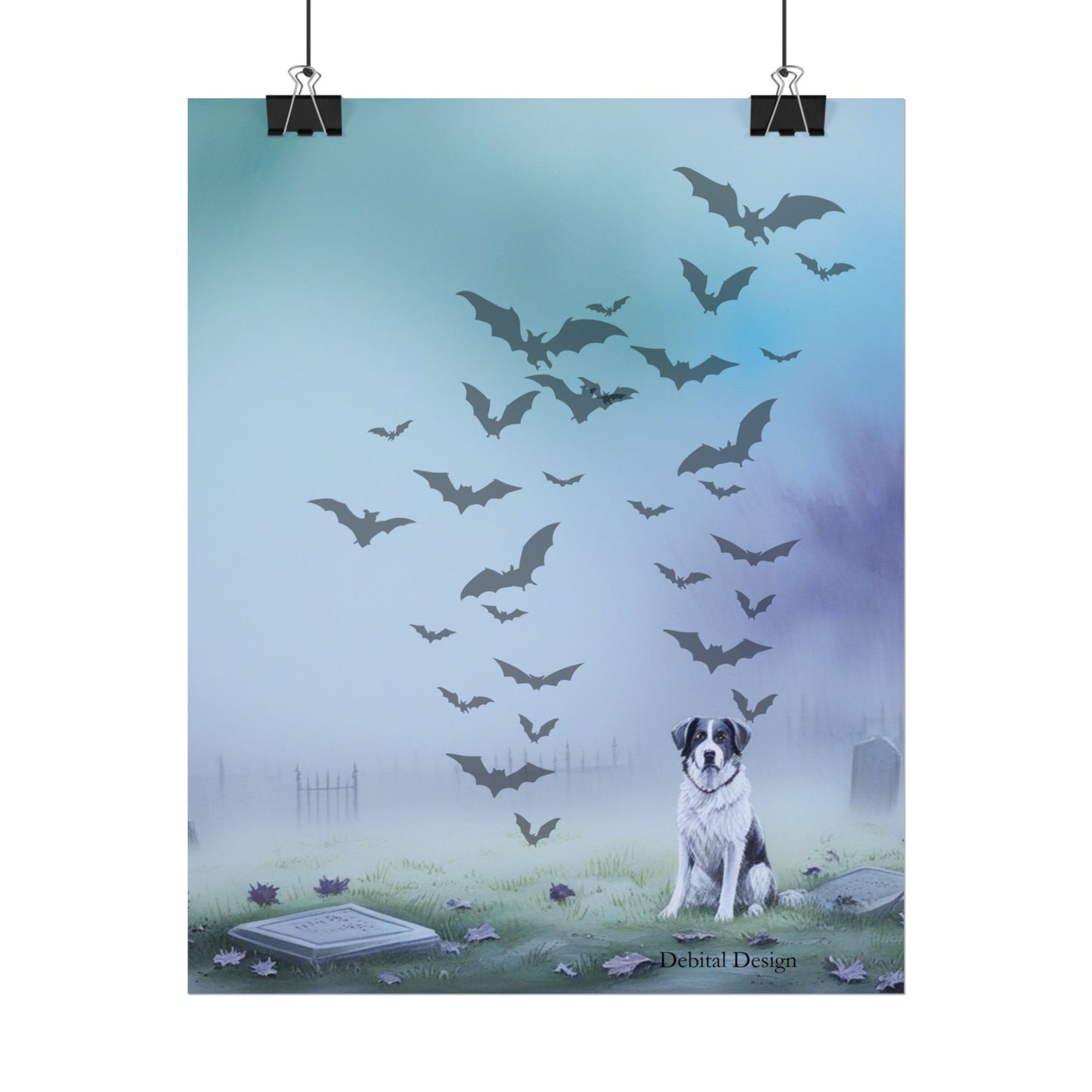 Whimsical Dog & Bats Art Print, Home Decor, Halloween Wall Art, Nature Poster, Pet Lover Gift, Animal Lover Decoration