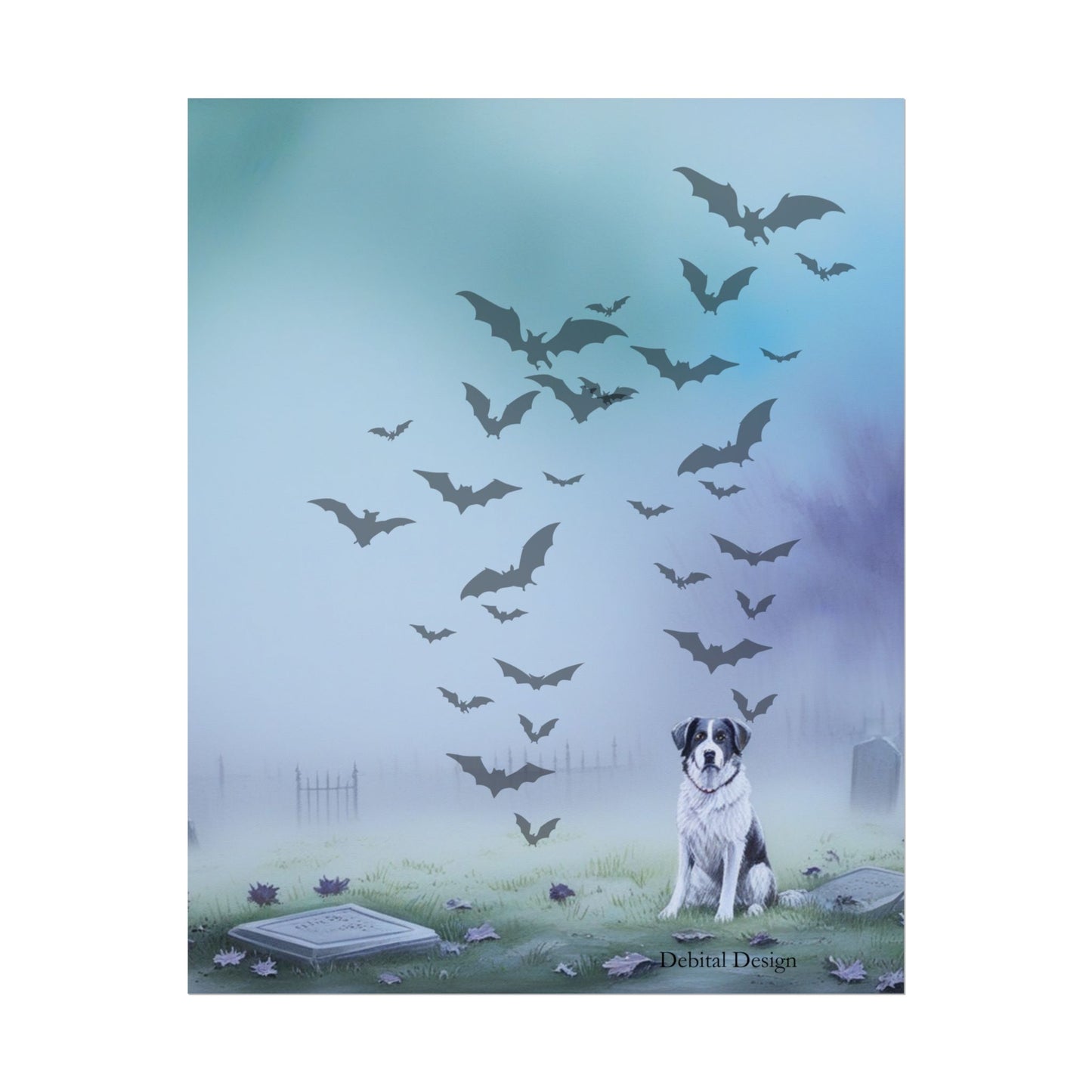 Whimsical Dog & Bats Art Print, Home Decor, Halloween Wall Art, Nature Poster, Pet Lover Gift, Animal Lover Decoration