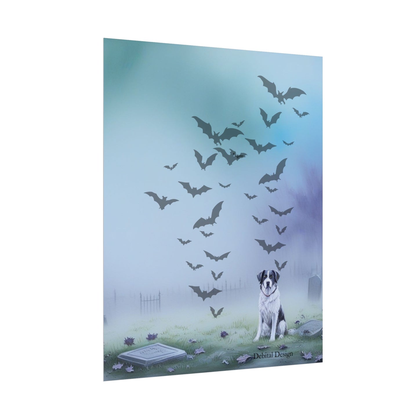 Whimsical Dog & Bats Art Print, Home Decor, Halloween Wall Art, Nature Poster, Pet Lover Gift, Animal Lover Decoration