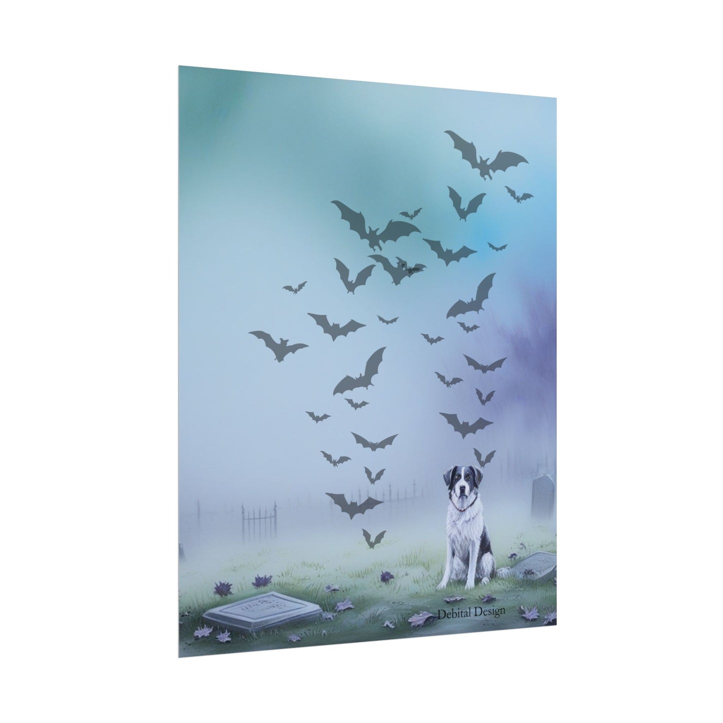 Whimsical Dog & Bats Art Print, Home Decor, Halloween Wall Art, Nature Poster, Pet Lover Gift, Animal Lover Decoration