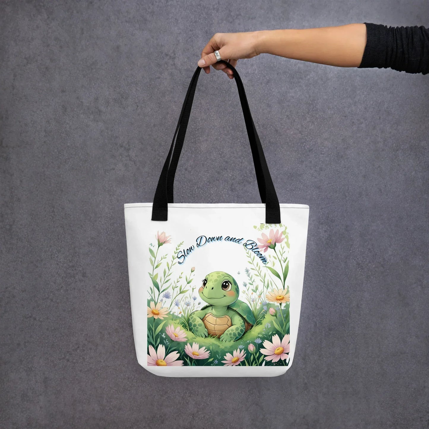 Slow Down and Bloom Turtle-themed Tote Bags - Debital Design