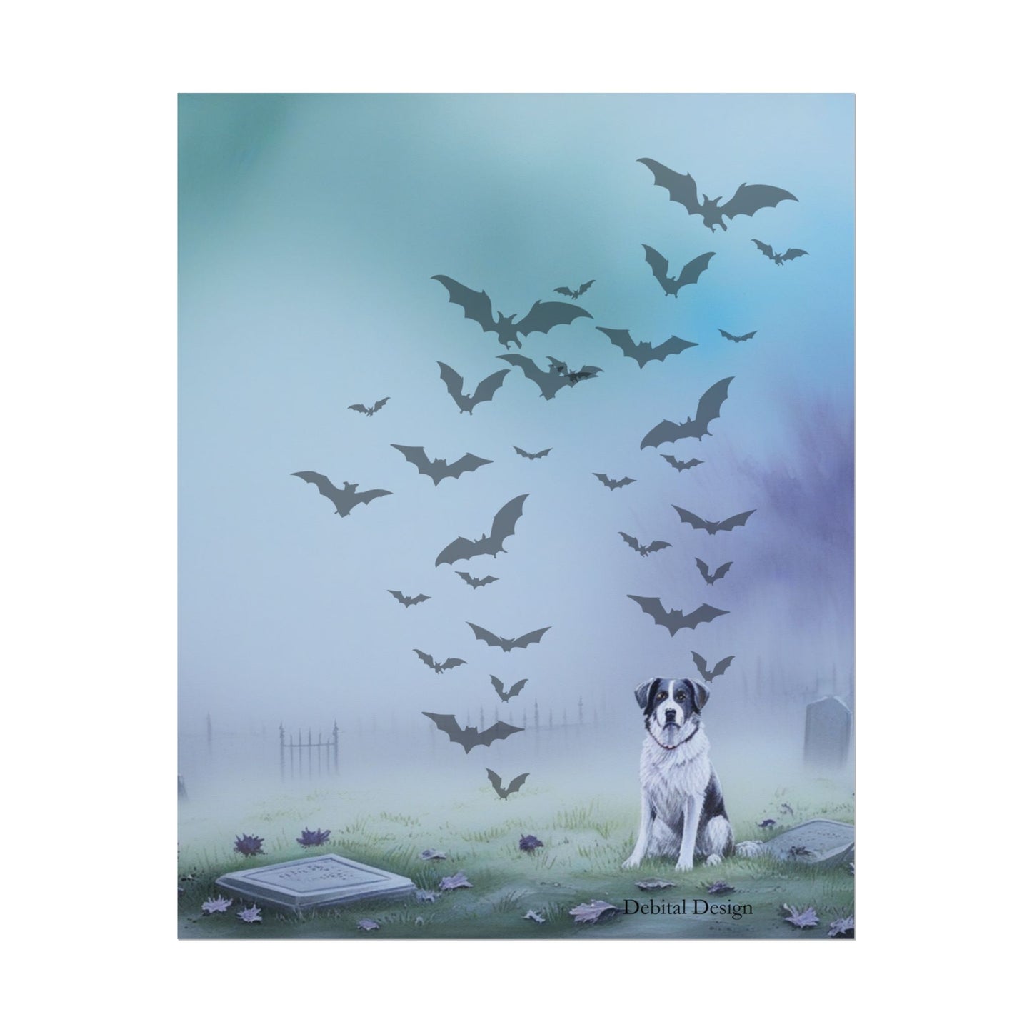 Whimsical Dog & Bats Art Print, Home Decor, Halloween Wall Art, Nature Poster, Pet Lover Gift, Animal Lover Decoration