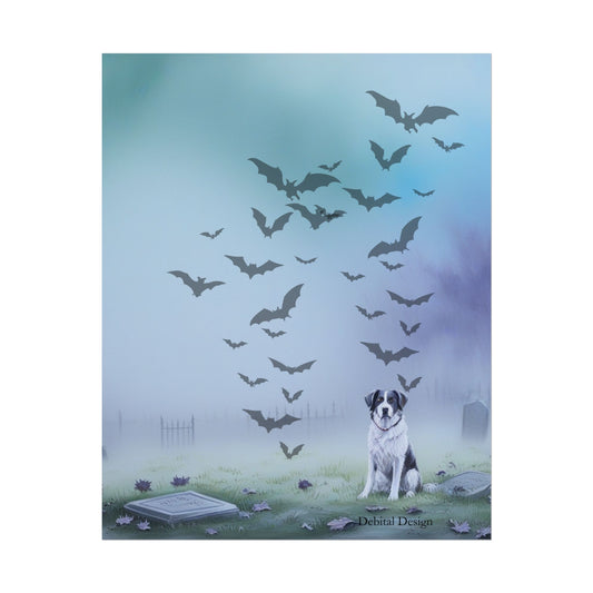 Whimsical Dog & Bats Art Print, Home Decor, Halloween Wall Art, Nature Poster, Pet Lover Gift, Animal Lover Decoration