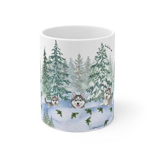 Husky Puppies in Snowy Pine Forest Mug | Winter Lake Scene