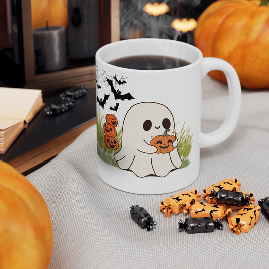 Halloween Ghost Mug, Cozy Drinkware for Fall, Pumpkin Decor, Spooky October Gift, Ceramic Cup for Halloween Lovers